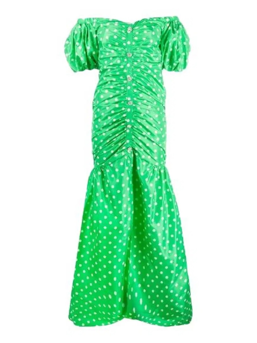 Alessandra Rich Green Polka-Dot Ruched Silk Maxi Dress Crystal Buttons